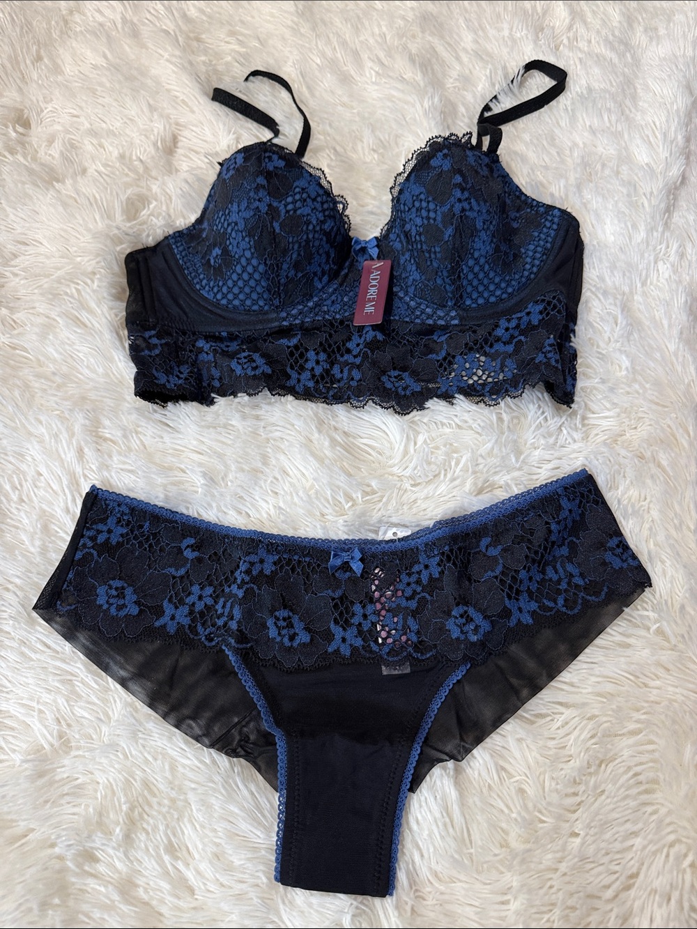 Adore Me Black & Navy Lace Longline Bra and Bikini Set